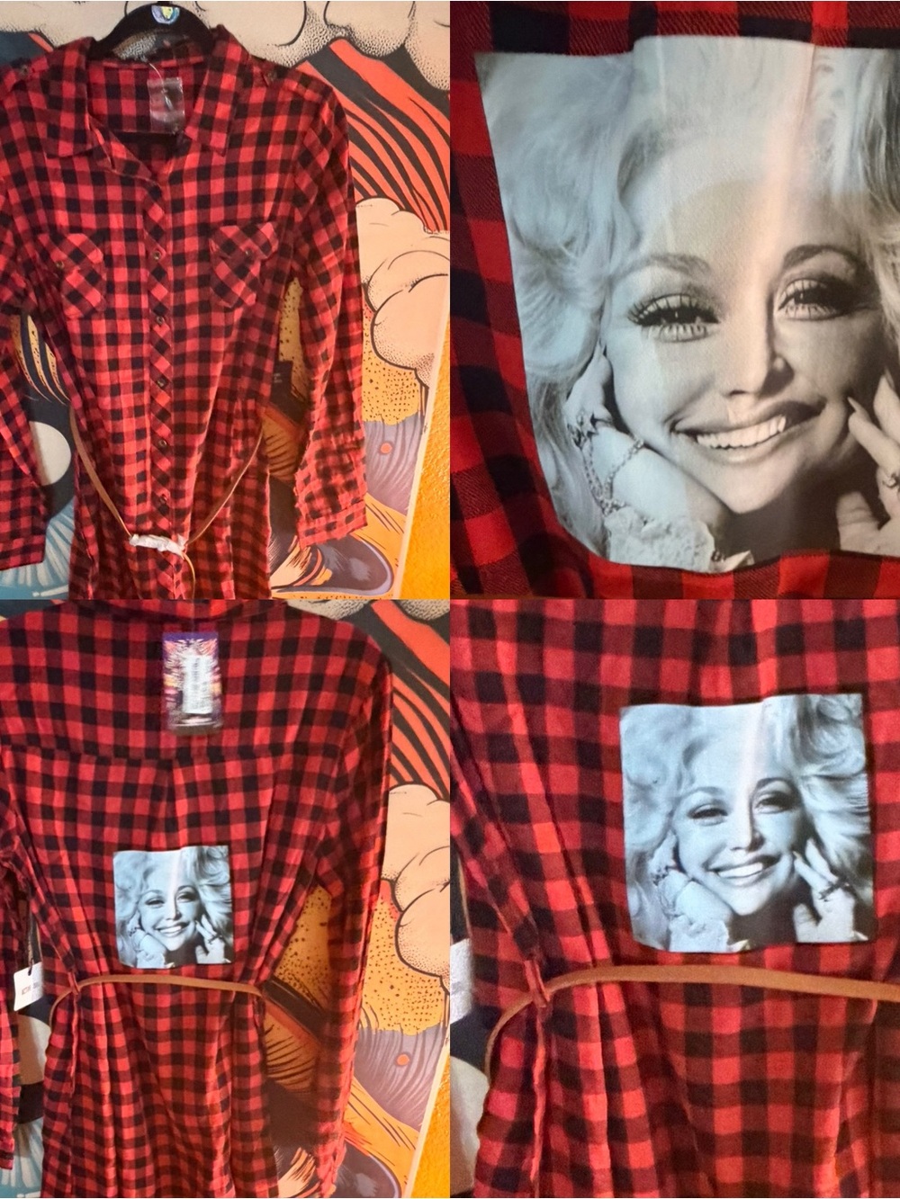Custom ONE OF A KIND belted DOLLY PARTON Plaid Shirt Dress LARGE